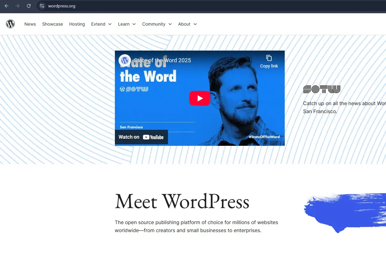 WordPress.org showing the self-hosted WordPress platform for building and managing websites